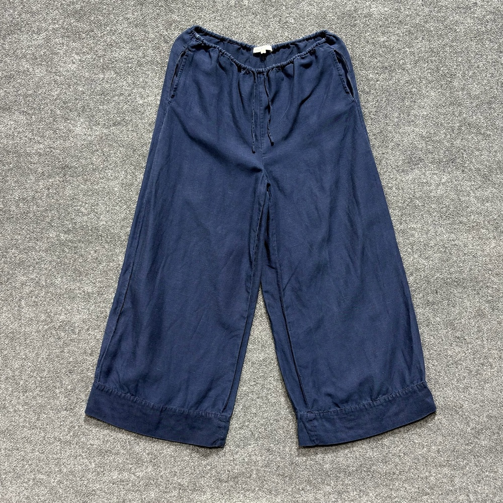 Onia Pants Womens Medium Blue Linen Lyocell Wide Leg Cropped Drawstring Casual